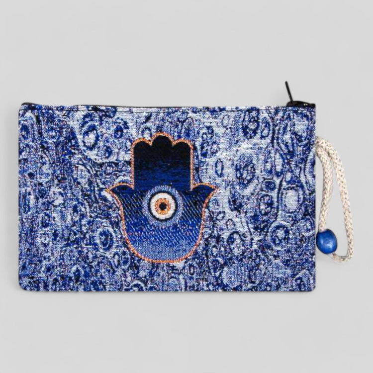 Authentic Kilim Fabric Ottoman Blue Evil Eye Design Zipper Clutch Purse, Turkish Carpet, Pouch, Coin Purse, Wallet, Small Storage - Hamsa Hand-0