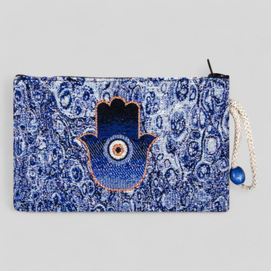 Authentic Kilim Fabric Ottoman Blue Evil Eye Design Zipper Clutch Purse, Turkish Carpet, Pouch, Coin Purse, Wallet, Small Storage - Hamsa Hand-0