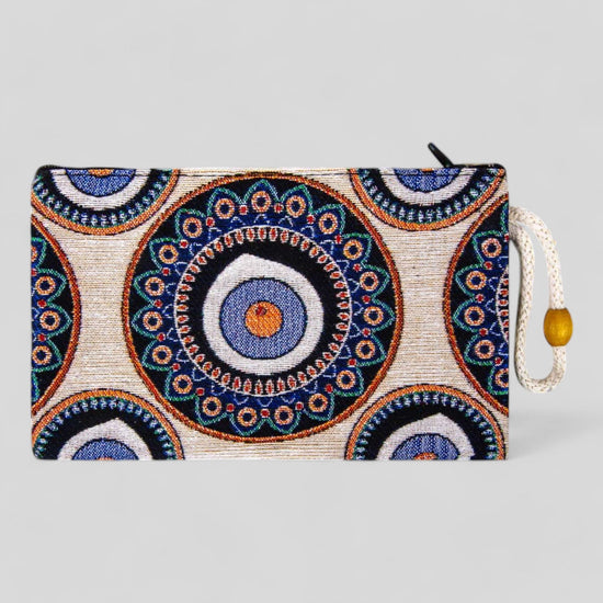 Authentic Kilim Fabric Blue Evil Eye Mandala Design Zipper Clutch Purse, Turkish Carpet, Pouch, Coin Purse, Wallet, Small Storage