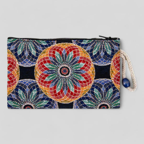 Authentic Kilim Fabric Evil Eye Floral Mandala Design Zipper Clutch Purse, Turkish Carpet, Pouch, Coin Purse, Wallet, Small Storage