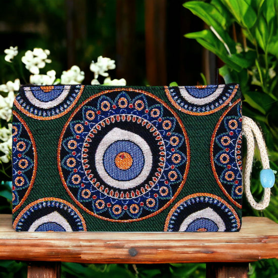 Authentic Kilim Fabric Green Evil Eye Mandala Design Zipper Clutch Purse, Turkish Carpet, Pouch, Coin Purse, Wallet, Small Storage