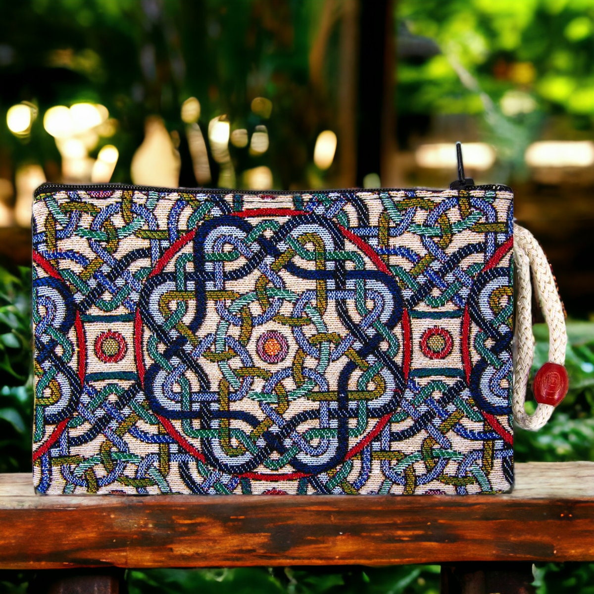 Authentic Kilim Fabric Multicolor Sacred Geometry Design Zipper Clutch Purse, Turkish Carpet, Pouch, Coin Purse, Wallet, Small Storage-1