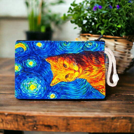 Van Gough Starry Night Inspired Fabric Colorful Cat Art Design Zipper Clutch Purse, Pencil Bag, Purse, Wallet, Small Storage, Cat Mom Quirky