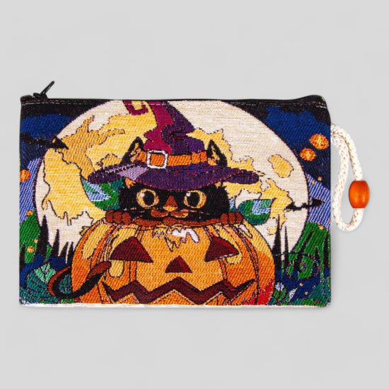 Authentic Kilim Fabric Colorful Halloween Cat in Jack-o-Lantern Design Zipper Clutch Purse, Turkish Carpet, Pouch, Coin Purse, Wallet, Small Storage Cat Mom-0